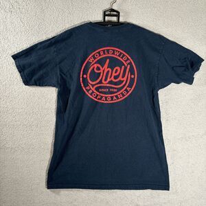 Obey T Shirt Men’s‎ Size L Obey Propaganda Logo Navy Blue Red Skate Shirt